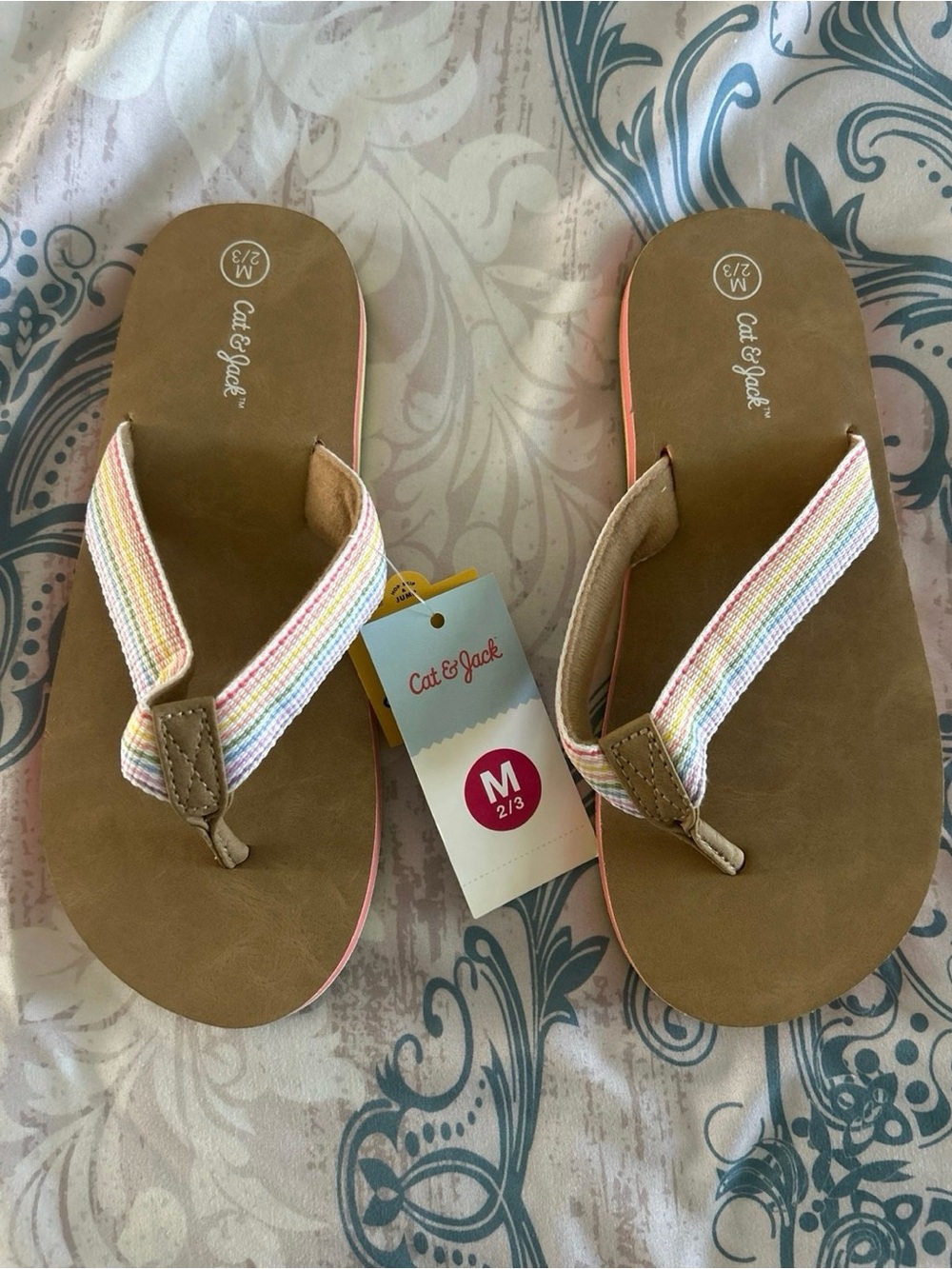 Cat & Jack Girls Tan Flip Flops with Pastel Multi-Stripe Straps